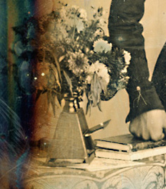 Boy in Military Uniform with Mother with Stereo Viewer and Flowers on Table