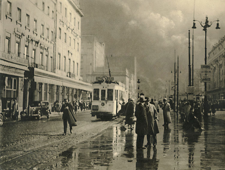 Leonard Misonne - Rainy Street with Tram in Brussels, Belgium