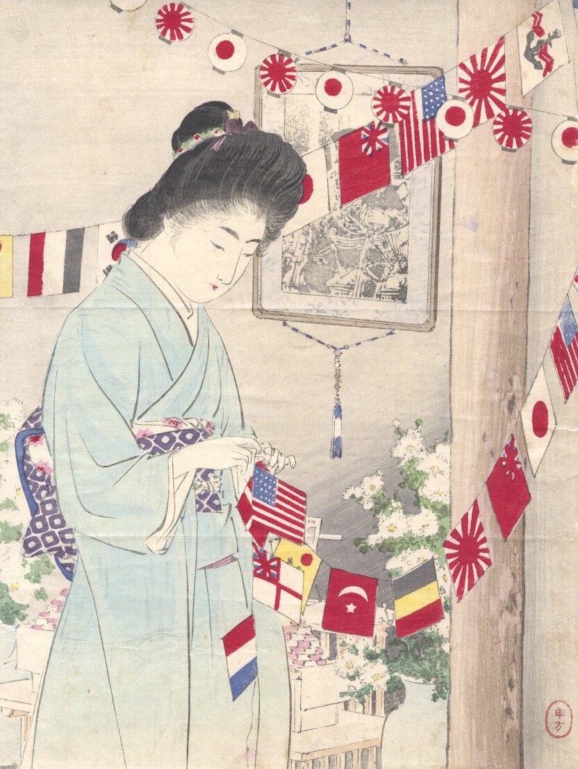 Woman Hanging Flags in Front of Photographic Portrait of Emperor Meiji