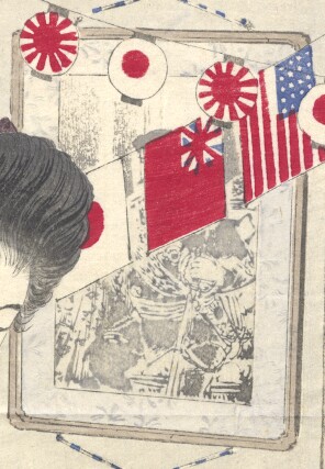 Woman Hanging Flags in Front of Photographic Portrait of Emperor Meiji
