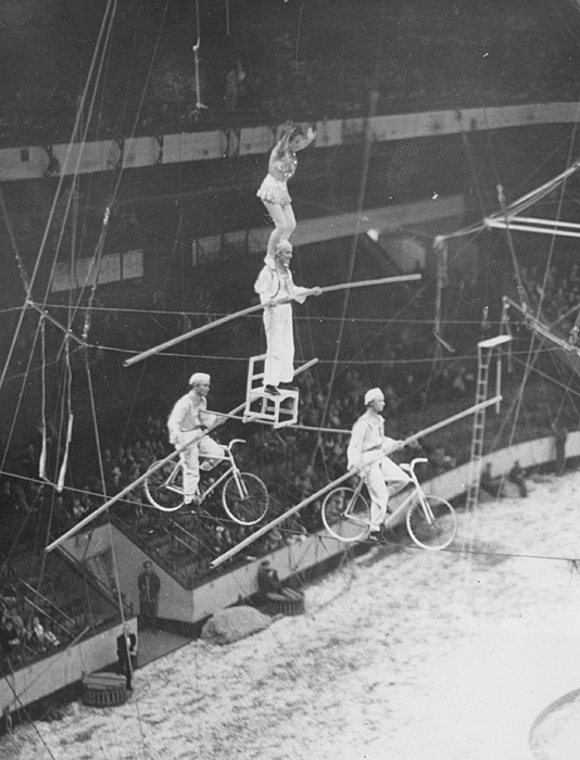 The Wallenda Family in a High-Wire Act on A Bicycle During the Opening Performance of the Ringling Bros - Barnum & Bailey Circus, Madison Square Garden, NY