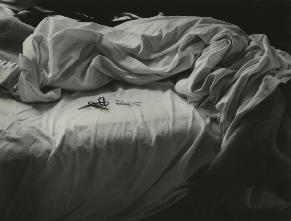 Imogen Cunningham: Unmade Bed. Silver print, 10-3/16 x 13-15/16 in. (259 x 354 mm), 1957/1950-60s, on original mount. A very rare, large and stunning vintage print.