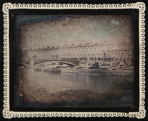 Anonymous: Pont du Carrousel and the Grande Galerie du Louvre, Paris. Daguerreotype (1/4 plate), 2-3/4 x 3-1/2 in. (70 x 89 mm), 1840-45/1840-45, in original frame. Size refers to the part of the image showing.