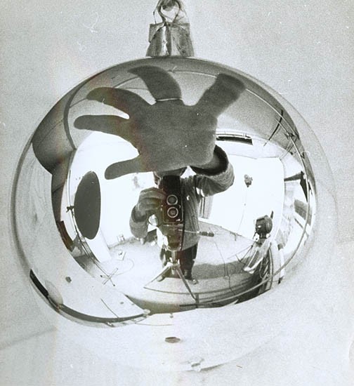 Geza Vandor, Self Portrait with Twin Lens Camera and Christmas Bulb. An image in our holiday sale.