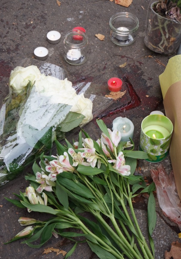 Flowers and candles at the scene of one of the massacres in Paris (Photo courtesy and copyright 2015 by Steven Evans)